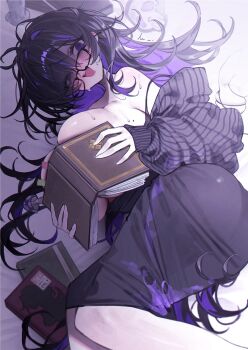  1girl @_@ amu1207 bare_shoulders black-framed_eyewear black_cardigan black_dress black_hair blush book book_stack bookmark breast_press breasts breasts_out candle cardigan cleavage clothes_pull colored_inner_hair commentary covering_breasts covering_privates crooked_eyewear dress dress_pull drooling embarrassed eyes_visible_through_hair goddess_of_victory:_nikke hair_intakes hair_over_one_eye half-closed_eye highres holding holding_book huge_breasts label_(nikke) long_hair looking_at_viewer looking_over_eyewear lying messy_hair mole mole_on_breast mouth_drool multicolored_hair mushroom off_shoulder on_side open_cardigan open_clothes open_mouth pale_skin parted_bangs purple_eyes purple_hair purple_streaks skull sleeveless sleeveless_dress sleeves_past_wrists solo surprised sweat symbol-only_commentary teeth trembling upper_teeth_only very_long_hair 