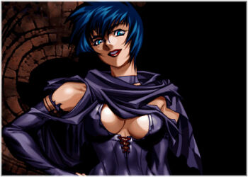  1girl blue_eyes blue_hair brandish_(video_game) brandish_4 brandish_vt breasts cape center_opening choker cleavage cleavage_cutout clothing_cutout elbow_gloves falcom female_focus gloves hand_on_own_hip large_breasts lipstick lowres makeup medium_breasts mermelada red_lips short_hair solo upper_body 