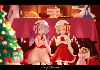  4girls absurdres alternate_costume apron ascot back_bow bat_wings blonde_hair bow box brooch cake capelet champagne_flute christmas christmas_cake christmas_tree commentary_request crystal crystal_wings cup dress drinking_glass eating fireplace flandre_scarlet food fork frilled_skirt frills gift gift_box hat highres holding holding_fork holding_plate indoors izayoi_sakuya jewelry letterboxed licking licking_finger licking_own_finger long_sleeves maid merry_christmas mob_cap multicolored_wings multiple_girls nyanyanoruru one_side_up patchouli_knowledge pink_capelet pink_dress plate purple_hair red_ascot red_eyes red_skirt remilia_scarlet shirt shrimp siblings sisters sitting skirt strawberry_shortcake table touhou turkey_(food) waist_apron white_apron white_bow white_hat white_shirt wings yule_log_(cake) 