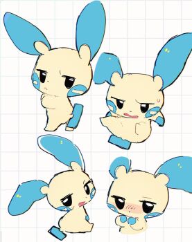  artist_request blush dot_nose gen_3_pokemon graph_paper highres minun nintendo no_humans pokemon pokemon_(creature) poses sweatdrop third-party_source white_background 