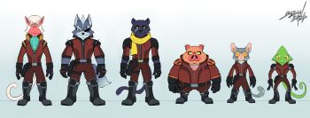  2024 6+boys absurdres algy_(star_fox) andrew_oikonny ascot blue_background boots eyepatch facing_viewer full_body gradient_background grey_eyes highres jacket leon_powalski lummh multiple_boys nintendo orange_eyes panther_caroso pigma_dengar scarf standing star_fox star_fox_2 star_fox_64 wolf_o'donnell yellow_eyes 