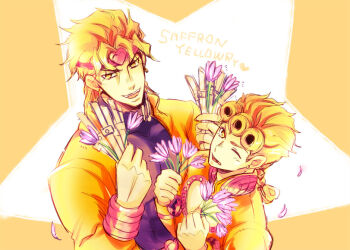  2boys blonde_hair braid commentary_request dio_brando earrings father_and_son flower giorno_giovanna headband hisohiso_(altoblue) holding holding_flower holding_knife jacket jewelry jojo_no_kimyou_na_bouken knife male_focus multiple_boys one_eye_closed red_headband single_braid stardust_crusaders stud_earrings vento_aureo wryyyyyyyyyyyyyyyyyyyy yellow_eyes yellow_jacket 