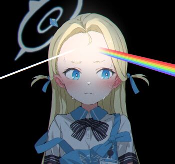  1girl apron big_forehead black_background blonde_hair blue_apron blue_archive blue_eyes bow bowtie commentary_request dark_background dark_side_of_the_moon forehead gomennasai halo highres id_card long_hair parted_bangs pink_floyd rainbow reflection short_sleeves solo sora_(blue_archive) striped_bow striped_bowtie striped_clothes sweat two_side_up upper_body  rating:General score:55 user:danbooru