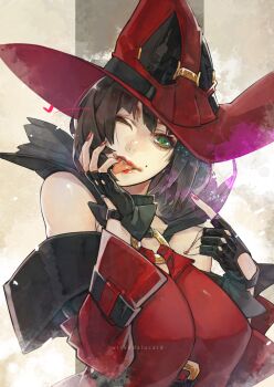  1girl black_hair breasts female_focus fingerless_gloves gloves green_eyes guilty_gear guilty_gear_xrd hat high_collar i-no large_breasts off_shoulder solo tagme witch_hat  rating:Sensitive score:10 user:CeliaLover