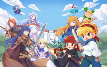  4boys 4girls :d ahoge aqua_robe arm_wrap armlet artist_request asymmetrical_bangs bald bandana bare_shoulders belt belt_buckle benya_(tales_weaver) black_eyes black_hood black_pants black_robe black_shirt blonde_hair blue_bow blue_capelet blue_dress blue_eyes blue_fire blue_hair blue_jacket blue_pants blue_shirt blue_sky blunt_bangs blush_stickers boris_jinneman bow braid brown_bag brown_belt brown_cape brown_capelet brown_skirt buckle building bush cape capelet castle closed_mouth cloud collared_dress colored_skin creature crossed_belts crossover dancing day dot_nose drawstring dress dress_bow eyelashes facial_hair fire flower gipple_(mahoujin_guruguru) gloves gold_armlet grass_skirt hair_flower hair_ornament hair_tie headpiece high_collar highres holding holding_scythe holding_staff hood hood_down hooded_robe horns jacket jewelry juju_coo_shnamur kukuri_(mahoujin_guruguru) layered_dress layered_sleeves legs_apart lily_(flower) long_dress long_hair long_sidelocks long_sleeves looking_to_the_side loose_belt low-braided_long_hair low-tied_long_hair low_ponytail mahoujin_guruguru medium_dress multiple_boys multiple_girls mustache nexon nike_(mahoujin_guruguru) off-shoulder_shirt off_shoulder official_art old old_man open_mouth orange_eyes orange_gloves orange_hair outdoors pants pink_skin ponytail purple_bow red_bandana red_eyes robe rubesto_daimon scythe second-party_source shirt shirt_bow shoes short_over_long_sleeves short_sleeves short_sword sidelocks sivelin_uuo skirt skull sky sleeve_bow smile solo staff standing straight_hair strapless strapless_dress strapless_shirt sword sword_tassel tales_weaver tassel tichiel_juspian tongue torn_clothes torn_shirt turtleneck turtleneck_shirt twin_braids udberg_eldol very_long_hair weapon white_dress white_facial_hair white_flower white_shirt white_sleeves 