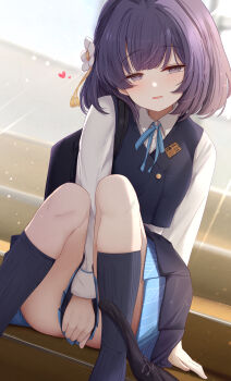  1girl absurdres bag black_bag black_panties blue_ribbon blue_skirt blue_vest bow bow_panties collarbone commentary_request flower gakuen_idolmaster hair_flower hair_ornament hataya_misuzu heart highres idolmaster looking_at_viewer medium_hair miniskirt mole mole_under_eye neck_ribbon open_mouth panties panties_around_leg pleated_skirt purple_eyes purple_hair ribbon shoulder_bag simple_background sitting sitting_on_stairs skirt sky_cappuccino socks solo stairs underwear vest white_background 