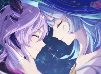  1boy 1girl andersdotter_(genshin_impact) blue_background blue_hair blue_hat blunt_bangs blunt_ends closed_eyes closed_mouth collarbone diffraction_spikes dragon_horns eyelashes facing_another forehead-to-forehead from_side genshin_impact gloves gold hair_ornament hairclip half_gloves hand_on_another's_face hat heads_together highres horns light_blush long_hair mini_durin_(genshin_impact) mini_durin_(human)_(genshin_impact) mother_and_son multicolored_hair necoco112061 purple_hair purple_horns red_hair safety_pin smile split_mouth star_(sky) starry_sky_background streaked_hair striped_hair watermark white_gloves white_hair witch_hat 