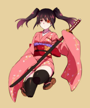  0apple00 1girl black_hair black_thighhighs closed_mouth commentary_request expressionless eyepatch floral_print full_body geta gintama holding holding_sword holding_weapon japanese_clothes katana kimono long_sleeves obi pink_kimono red_eyes sandals sash sheath sheathed short_kimono simple_background sleeves_past_wrists solo sword thighhighs twintails weapon wide_sleeves yagyuu_kyuubei zettai_ryouiki 