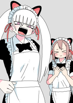  2girls abe_tomomi animal_ears apron black_ribbon blush brown_hair fake_animal_ears highres maid_apron maid_headdress multiple_girls neck_ribbon original ribbon twintails white_hair 