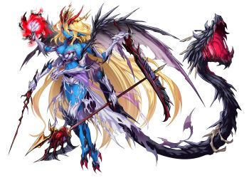  1girl absurdres blonde_hair blue_skin breasts claws colored_skin commentary_request extra_arms fantasy full_body hair_between_eyes highres holding holding_polearm holding_sword holding_wand holding_weapon horns ippei_ipip large_breasts long_hair long_pointy_ears looking_at_viewer magic monster_girl original own_hands_clasped own_hands_together pointy_ears polearm red_eyes solo sword tail tail_mouth torn_clothes torn_wings very_long_hair wand weapon white_background wings 