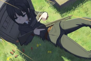  1girl :/ absurdres akts625 ammunition androgynous belt belt_buckle black_hair blue_eyes brown_belt buckle closed_mouth collared_shirt commentary day dress_shirt dual_wielding firefight flower graveyard green_jacket green_pants gun handgun highres holding holding_gun holding_weapon jacket kino_(kino_no_tabi) kino_no_tabi long_sleeves lying motion_blur on_back on_ground outdoors pants red_flower romaji_commentary shadow shirt short_hair shotgun shotgun_shell taking_cover tombstone trigger_discipline weapon weapon_request white_shirt yellow_flower 