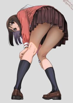  1girl :o azumanga_daiou black_socks brown_eyes brown_hair brown_shoes brown_skirt clopen28 from_below full_body grey_background hands_on_own_knees highres kasuga_ayumu kneehighs knees_together_feet_apart leaning_forward loafers long_hair long_sleeves looking_at_viewer looking_back looking_down open_mouth panties pantyshot pink_serafuku pleated_skirt sailor_collar school_uniform serafuku shoes simple_background skirt socks straight_hair thighs twitter_username underwear white_panties white_sailor_collar 