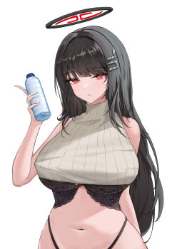  1girl absurdres alternate_costume bare_shoulders black_bra black_hair black_halo black_panties blue_archive blunt_bangs blush bottle bra breasts bright_pupils closed_mouth commentary_request cowboy_shot crop_top grey_sweater hair_ornament hairclip halo highleg highleg_panties highres holding holding_bottle large_breasts ling_yi_de_lei_ke long_hair looking_at_viewer multicolored_halo navel panties red_eyes ringed_eyes rio_(blue_archive) sidelocks simple_background sleeveless sleeveless_sweater solo standing stomach sweat sweater turtleneck turtleneck_sweater two-tone_halo underwear very_long_hair water_bottle white_background white_pupils 