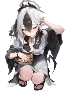  1girl absurdres alternate_costume bath_yukata black_choker black_horns blue_archive bucket choker commentary_request demon_horns demon_wings ear_piercing earclip full_body halo highres horns japanese_clothes kayoko_(blue_archive) kimono looking_at_viewer mole mole_on_neck multicolored_hair pepq piercing sandals shima_(pattern) single_wing solo squatting_cowgirl_position towel towel_around_neck two-tone_hair white_background white_hair wings wooden_bucket yukata  rating:Sensitive score:9 user:danbooru