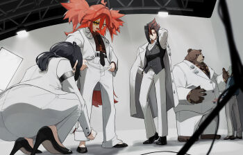  2girls 3boys :/ adjusting_pants anton_ivanov arm_up ass baggy_pants ben_bigger black_hair black_necktie blurry chinese_commentary depth_of_field earrings eyepatch eyewear_strap flat_chest formal_clothes from_behind furry furry_male glasses grace_howard hand_on_own_head heart heart_earrings high_heels highres huge_ass jacket jacket_on_shoulders jewelry koleda_belobog long_hair multicolored_hair multiple_boys multiple_girls necktie open_mouth orange_eyes orange_hair oversized_clothes pants ponytail shinarika396 squatting stage_lights streaked_hair suit sweatdrop twintails white_suit zenless_zone_zero 