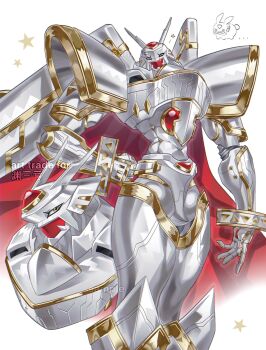 alphamon alphamon_(battle_park) cape confeito000_333 digicore_interface digimon digimon_(creature) digimon_rearise highres looking_at_viewer one_eye_closed sample_watermark star star_(symbol) watermark wink yellow_eyes