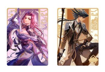  1boy 1girl alternate_costume alternate_universe amanda_lapalme blue_eyes breasts bridal_gauntlets brown_hair brown_suit cleavage commentary cosplay crossover drawing_sword electricity english_commentary formal_clothes fudo_yusei genshin_impact gloves glowing glowing_sword glowing_weapon hair_ornament head_tilt holding holding_polearm holding_sword holding_weapon human_scabbard izayoi_aki jacket japanese_clothes katana kimono large_breasts long_hair long_sleeves looking_at_viewer looking_to_the_side mitsudomoe_(shape) multicolored_hair musou_isshin_(genshin_impact) pants parted_bangs polearm purple_eyes purple_hair purple_kimono raiden_shogun raiden_shogun_(cosplay) sitting streaked_hair suit suit_jacket sword sword_between_breasts tomoe_(symbol) upper_body weapon yu-gi-oh! yu-gi-oh!_master_duel zhongli_(genshin_impact) zhongli_(genshin_impact)_(cosplay) 