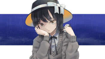  1girl black_eyes black_hair black_hat black_ribbon bored bow clothing_request coat collar eye_reflection grey_coat grey_sweater hair_between_eyes hair_bow hand_in_own_hair hand_on_own_cheek hand_on_own_face hat hat_bow highres looking_down outside_border poteimo_(poteimo622) rain reflection ribbon shirt shirt_ribbon short_hair sweater touhou usami_renko white_bow white_collar white_shirt 
