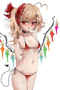  1girl absurdres alternate_costume arms_behind_back bikini black_choker blonde_hair blush bow breasts choker cleavage collarbone commentary cowboy_shot crystal crystal_wings demon_tail embarrassed english_commentary flandre_scarlet hair_bow highres laevatein_(touhou) large_breasts long_hair looking_at_viewer multicolored_wings navel one_side_up ougiikun red_bikini red_bow red_eyes side-tie_bikini_bottom simple_background solo stomach sweat swimsuit tail touhou white_background wings 