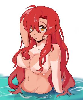  1girl bathing breasts cleavage commentary completely_nude cowboy_shot highres in_water large_breasts long_hair looking_at_viewer navel no_shirt nude nwxx7574 red_hair solo tan tanline tengen_toppa_gurren_lagann water yellow_eyes yoko_littner 