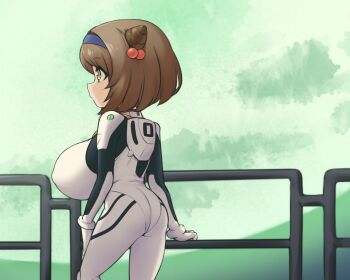  1girl alternate_breast_size_(larger) arm_support ass ayanami_rei ayanami_rei_(cosplay) blue_hairband bodysuit breasts brown_eyes brown_hair closed_mouth contrapposto cosplay draph expressionless female_focus from_side granblue_fantasy green_background hair_intakes hair_ornament hairband hand_on_own_thigh hand_on_railing highres horns huge_breasts impossible_bodysuit impossible_clothes looking_to_the_side mecha_pilot_suit medium_hair neon_genesis_evangelion oppai_loli pldf plugsuit_(cosplay) plugsuit_(evangelion) railing skin_tight solo standing yaia_(granblue_fantasy)  rating:Questionable score:49 user:Parcheliam