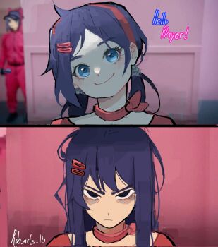  bags_under_eyes belt black_belt black_eyes blue_eyes blue_hair bodysuit bow bowtie choker choppy_bangs colored_eyebrows commentary crazy_mita_(miside) english_commentary english_text hair_ornament hairband hairclip highres kind_mita_(miside) looking_at_viewer low_twintails meme messy_hair miside mita_(miside) neck_ribbon painterly pale_skin parallel_hairclips parted_bangs pink_background pink_bodysuit red_hairband red_shirt ribbon robarts_15(rob.arts_15) shirt signature smile soldier_(squid_game) split_image split_screen squid_game twintails v-shaped_eyebrows worker_(squid_game) year_1_&amp;_year_2_(squid_game)_(meme) 