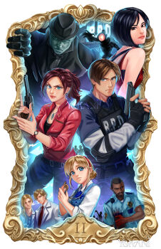  4boys 4girls absurdres ada_wong annette_birkin beard black_gloves black_hair black_hat black_shirt blonde_hair blood blood_on_clothes blue_eyes blue_pants blue_shirt border breasts brown_eyes brown_hair bulletproof_vest claire_redfield closed_mouth collared_shirt cowboy_shot dark-skinned_male dark_skin dress elbow_pads eyewear_hang facial_hair fedora fingerless_gloves frown gloves gun hairband handgun hat highres holding holding_gun holding_weapon husband_and_wife jacket jewelry lab_coat leon_s._kennedy light_smile locket long_hair low_ponytail marvin_branagh medium_breasts mr._x_(resident_evil) multiple_boys multiple_girls necklace necktie pants parted_bangs parted_lips pendant police police_uniform ponytail red_dress red_hairband red_jacket red_necktie resident_evil resident_evil_2 sherry_birkin shirt shirt_under_shirt short_hair sleeveless sleeveless_dress trigger_discipline unworn_eyewear very_short_hair watch weapon white_border white_jacket white_shirt william_birkin wristwatch yokaniii 