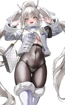  1girl :d armband arms_up bag black_pantyhose blanc_(fortune_express)_(nikke) blanc_(nikke) blush boots breasts commentary_request covered_navel crotch_seam double_v fang fur-trimmed_boots fur-trimmed_sleeves fur_trim gluteal_fold goddess_of_victory:_nikke hair_intakes hair_ornament handbag hat highres jacket lds_(dstwins97) long_hair long_sleeves looking_at_viewer medium_breasts no_bra no_pants official_alternate_costume official_alternate_hairstyle open_clothes open_jacket open_mouth panties panties_under_pantyhose pantyhose pom_pom_(clothes) pom_pom_hair_ornament shoulder_bag simple_background skin_fang smile solo star_(symbol) star_hair_ornament thigh_boots thigh_gap thighs twintails underboob underwear v very_long_hair white_background white_boots white_hat white_jacket white_panties yellow_eyes 