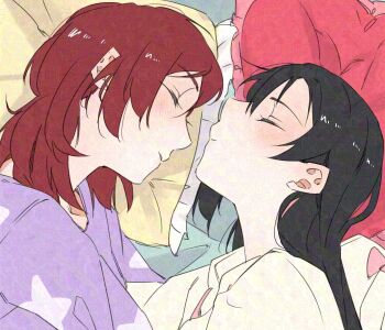  2girls adversarial_noise black_hair closed_eyes closed_mouth commentary cuddling hair_down hashtag-only_commentary highres hood hoodie long_hair love_live! love_live!_school_idol_project medium_hair multiple_girls nishikino_maki pillow purple_shirt red_hair shirt sleeping surfacedxxc yazawa_nico yellow_hoodie yuri 