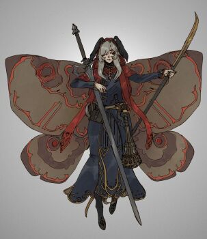  1girl absurdres black_dress butterfly_wings closed_eyes commentary commission dress english_commentary full_body glaive_(polearm) greatsword grey_background grey_hair hair_between_eyes hair_over_one_eye highres holding holding_polearm holding_weapon huge_weapon insect_wings long_sleeves mace ministerovvox one_eye_covered original parted_bangs polearm red_scarf scarf simple_background solo sword tachi-e weapon wings 