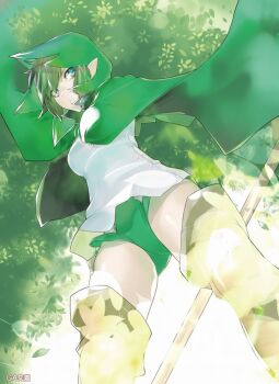  1girl absurdres bloomers blue_eyes boots breasts brown_socks brown_thighhighs cape closed_mouth colorized cover cover_page dungeon_ni_deai_wo_motomeru_no_wa_machigatteiru_darou_ka elf female_focus from_below grass green_bloomers green_cape green_hair highres holding holding_sword holding_weapon hood hooded_cape large_breasts legs novel_illustration official_art pointy_ears ryu_lion sexually_suggestive shirt short_hair socks solo solo_focus sword thigh_boots thighhighs thighs third-party_edit underwear weapon white_shirt yasuda_suzuhito 