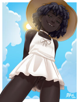 1girl absurdres andava biting_own_lip black_hair blue_sky bow brown_eyes brown_hat choker clavicles cloud dark-skinned_female dark_skin day dreadlocks dress earrings from_below hat highres jewelry loli original outdoors pussy short_dress short_hair sky sleeveless sleeveless_dress smile solo sun sundress taniyah_(andava) tooth_gap very_dark_skin white_choker white_dress yellow_eyes rating:Explicit score:564 user:danbooru