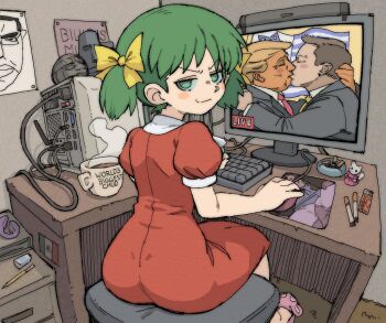  >:) 1girl animal_slippers antenna arched_back ashtray ass black_suit blonde_hair blush_stickers bow brown_hair cable carpet cat chudjak cigarette cigarette_butt coffee_mug collared_shirt computer computer_keyboard computer_mouse computer_tower cup desk dildo donald_trump drawer dress dress_shirt elon_musk elona english_text eraser formal_clothes french_kiss green_eyes green_hair hexagram inconspicuous_sex_toy israeli_flag juliet_sleeves kiss lighter loli long_dress long_sleeves medium_hair mexican_flag moai model monitor mousepad_(object) mug necktie olmec_head pantsu-ripper pencil penis pink_dress pink_slippers poster_(object) puffy_short_sleeves puffy_sleeves pussy rabbit_vibrator red_dress red_necktie saya_(saya_no_uta) saya_no_uta sex sex_toy shirt short_hair short_sleeves short_twintails sitting slippers star_of_david suit twintails vaginal vibrator yaoi yellow_bow yellow_necktie younger_sister_(elona) 