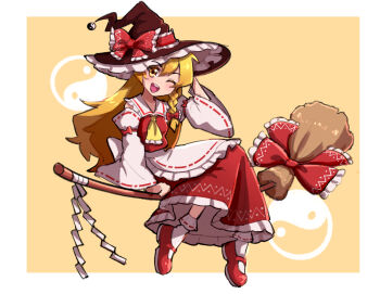  1girl adapted_costume alternate_costume apron blinking blonde_hair blush bow braid broom broom_riding clover_(clover11_40) commentary cosplay detached_sleeves english_commentary full_body hair_bow hakurei_reimu hakurei_reimu_(cosplay) happy hat hat_bow kirisame_marisa long_hair looking_at_viewer mary_janes open_mouth red_bow red_shoes red_skirt redrawn ribbon-trimmed_apron ribbon-trimmed_sleeves ribbon_trim shoes side_braid simple_background single_braid skirt skirt_set smile socks solo touhou waist_apron white_apron white_socks witch_hat yellow_background yellow_eyes yin_yang 