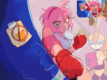  1boy 1girl 2025 absurdres amy_rose armband armor artist_name bare_shoulders black_shorts boxing boxing_gloves clipboard collarbone commentary cross emerl_(sonic) english_commentary foreshortening green_eyes hairband highres historiaallen humanization indoors motion_lines open_mouth pink_hair pink_hairband punching_bag redrawn robot sega serious short_hair shorts sonic_(series) sonic_battle standing sweat towel towel_around_neck training upper_body v-shaped_eyebrows yellow_armor 