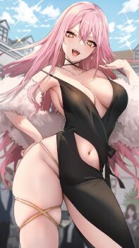  >:p 2boys 2girls asymmetrical_dress blue_sky breasts breasts_apart bright_pupils brown_hair clothing_cutout cloud curvy danimaru detexted dress earrings eiyuu_fuufu_no_tsumetai_shinkon_seikatsu fur_shawl groin hair_flip hand_on_own_hip highres house jacket jewelry long_hair market_(eiyuu_fuufu_no_tsumetai_shinkon_seikatsu) multiple_boys multiple_girls navel navel_cutout no_bra novel_illustration official_art pencil_dress pink_hair plunging_neckline shawl single_bare_leg sky smirk solo_focus sparkle standing star_(symbol) star_earrings string_around_neck suit_jacket thigh_strap third-party_edit third-party_source very_long_hair white_pupils yellow_eyes 