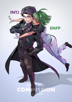  16personalities 1boy 1girl ahoge architect_(16personalities) artist_name black_coat black_eyes black_gloves black_hair black_pants black_shoes brown_vest campaigner_(16personalities) closed_eyes cloumello coat commentary commission english_commentary finger_to_another's_nose full_body glomp gloves green_hair grey_background grey_jacket highres hug hug_from_behind jacket long_sleeves looking_at_another myers-briggs_type_indicator open_clothes open_coat pants shoes short_hair short_sleeves vest vgen_commission white_gloves white_pants 