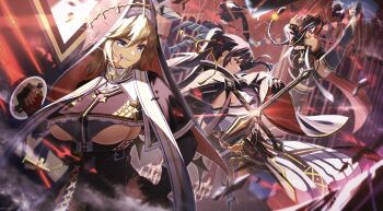  3girls absurdres black_boots black_cape black_capelet black_gloves black_hair black_veil blonde_hair blue_eyes boots braid breasts cape capelet commentary_request detached_sleeves eiryu33 fingerless_gloves from_side gloves gold_trim hair_between_eyes halloween highres holding holding_sword holding_weapon large_breasts long_hair long_sleeves medium_breasts multicolored_hair multiple_girls nun original red_streaks smoking streaked_hair sword thigh_boots underboob veil very_long_hair weapon 