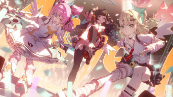  3girls absurdres aria_(zenless_zone_zero) black_hair blue_eyes blush breasts commentary_request dress green_eyes green_hair hair_ornament halo highres long_hair looking_at_viewer multiple_girls nangong_yu open_mouth pink_hair quad_tails red_eyes shirt short_sleeves small_breasts smile sunna_(zenless_zone_zero) twintails white_dress white_shirt wings yuyiosang zenless_zone_zero 