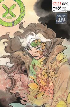  1girl absurdres artist_name black_lips body_horror bodysuit brown_hair brown_jacket bug centipede comic_cover company_name copyright_logo copyright_name cover cover_page curly_hair fungi green_bodysuit green_eyes green_headband headband highres horror_(theme) jacket leaf logo long_hair marvel multicolored_hair official_art peach_momoko rogue_(x-men) signature solo superhero_costume upper_body veins white_hair x-men 