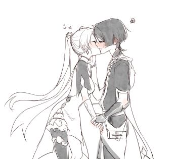  1boy 1girl armor artist_self-insert blunt_ends blush china_dress chinese_clothes closed_eyes couple cross-laced_clothes cross-laced_dress dress ear_blush earrings eyelashes facing_another frilled_dress frills genshin_impact greyscale half-closed_eyes heart hetero highres holding_hands japanese_armor japanese_clothes jewelry kimono kiss kote layered_sleeves leaning_forward long_hair looking_at_another mandarin_collar middle_ring monochrome neck_ring oc_x_canon original pelvic_curtain rope sash scaramouche_(genshin_impact) shimenawa short_sleeves sketch skindentation spot_color squiggle thighlet tsurime twintails white_background wispy_bangs yoontrsh 