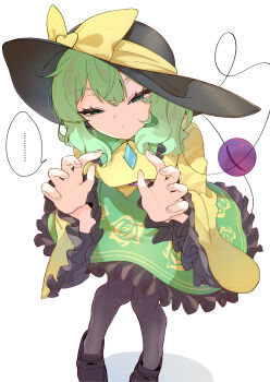  ... 1girl ajifry39 black_hat blouse bow chest_jewel claw_pose closed_mouth collar collared_shirt commentary_request dot_mouth double-parted_bangs dress eyeball facing_viewer floral_print floral_print_skirt frilled_collar frilled_dress frilled_shirt_collar frilled_sleeves frills green_eyes green_hair green_skirt half-closed_eyes hat hat_bow hat_ribbon highres invisible_floor knees_together_feet_apart komeiji_koishi leaning_forward loafers long_sleeves medium_hair pantyhose pigeon-toed print_skirt ribbon rose_print shadow shirt shoes skirt solo speech_bubble string sun_hat third_eye touhou wavy_hair white_background wide_sleeves yellow_bow yellow_shirt yellow_trim 