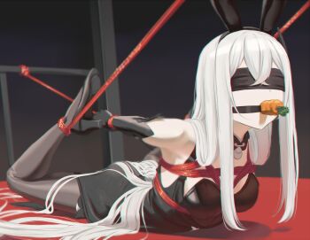  1girl absurdres animal_ears arms_behind_back bare_shoulders bdsm black_dress black_gloves black_leotard black_pantyhose blindfold blush bondage bound breast_bondage breasts cailin020 detached_collar dress echidna_(re:zero) elbow_gloves fake_animal_ears food_gag gag gloves high_heels highres hogtie leotard long_hair lying on_stomach pantyhose playboy_bunny re:zero_kara_hajimeru_isekai_seikatsu restrained shibari shibari_over_clothes small_breasts solo very_long_hair white_hair 