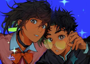  1boy 1girl ayase_momo black_choker black_hair black_jacket blue_background bow bowtie brown_eyes brown_hair choker dandadan dated earrings floating_hair gakuran glasses hair_between_eyes hanmdin hashtag-only_commentary heads_together highres jacket jewelry kami_high_school_uniform looking_at_viewer messy_hair parted_lips pink_sweater red_bow red_bowtie round_eyewear school_uniform shirt shirt_under_sweater short_hair signature sparkle sparkle_background sweater takakura_ken_(dandadan) upper_body white_shirt wing_collar 