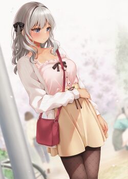  1girl arm_at_side bag black_bow blurry blurry_background blush bow brown_pantyhose brown_skirt cardigan closed_mouth collarbone commentary_request cowboy_shot day depth_of_field dutch_angle frilled_shirt frills grey_eyes grey_hair hair_bow hand_on_own_stomach handbag highres large_variant_set long_sleeves looking_down minato_ojitan open_cardigan open_clothes original outdoors pantyhose pink_cardigan pink_shirt raised_inner_eyebrows shirt shirt_bow skirt sleeveless sleeveless_shirt solo tan tanline variant_set wavy_hair  rating:General score:1 user:danbooru