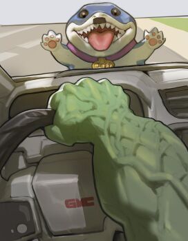  1boy absurdres animal_collar chad_driver_(meme) collar colored_skin driving facial_hair green_skin highres holding_steering_wheel hulk jeff_(marvel) marvel marvel_rivals meme mustache pacpoi road shark sharp_teeth teeth  rating:General score:28 user:danbooru