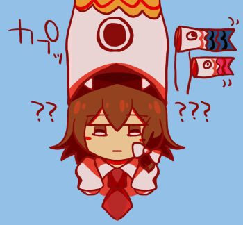  :| ? alternate_headwear blank_eyes blue_background blush_stickers bow brown_hair closed_mouth collared_shirt confused facing_viewer hair_between_eyes hair_bow koinobori necktie red_necktie sanwa_no_jako_(daikichi_club) shirt short_hair simple_background touhou translation_request usami_renko white_bow white_shirt windsock 