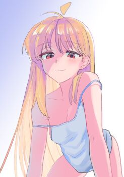  1girl ahoge all_fours aqua_camisole blonde_hair bocchi_the_rock! breasts camisole choppy_bangs cleavage closed_mouth commentary_request cowboy_shot double_strap_slip ijichi_nijika long_hair looking_at_viewer no_pants red_eyes smile solo spaghetti_strap straight_hair strap_slip totobe very_long_hair 