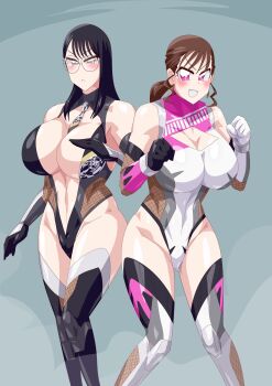  2girls bakuage_sentai_boonboomger black_hair bodysuit boots brown_hair elbow_gloves gloves grey_eyes multiple_girls otokamu pink_eyes saibu_shirabe shifuto_mira super_sentai thigh_boots  rating:Questionable score:3 user:calum1998