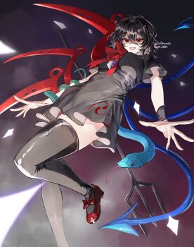  1girl absurdres asymmetrical_wings black_dress black_hair black_thighhighs blue_wings bow bowtie breasts brown_background commentary_request dated dress foot_out_of_frame footwear_bow from_below highres houjuu_nue korean_commentary looking_at_viewer mary_janes medium_breasts munji412 open_mouth red_bow red_bowtie red_eyes red_wings shaded_face shoes short_dress short_hair short_sleeves smile snake solo standing standing_on_one_leg thighhighs touhou wings wristband  rating:Sensitive score:3 user:danbooru